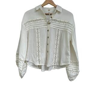 Free People Summer Stars Buttondown Blouse Top Size S in Ivory Relaxed Boxy Fit